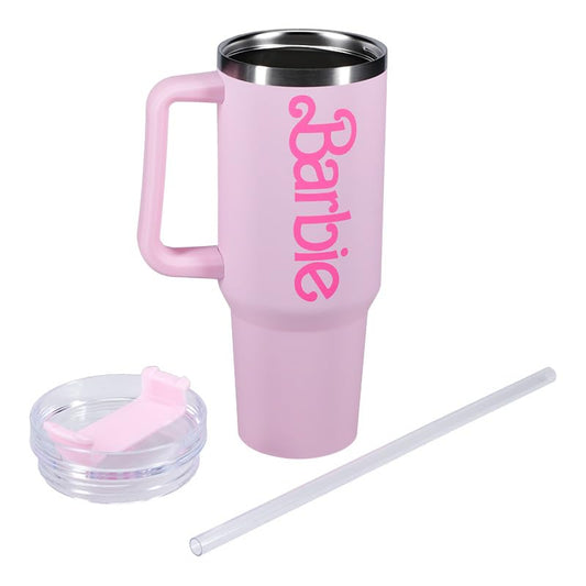 Paladone Barbie Pink Logo H2O Bottle - Insulated Stainless Steel Tumbler with Lid & Straw