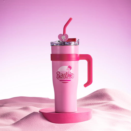 MINISO Barbie Stainless Steel Tumbler (1600mL) - Light Pink with Handle & Straw