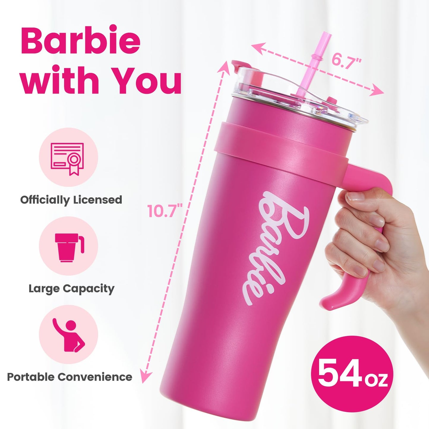MINISO Barbie Steel Cup with Handle & Straw (1600mL) - Stylish & Sustainable Drinkware