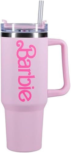 Paladone Barbie Pink Logo H2O Bottle - Insulated Stainless Steel Tumbler with Lid & Straw