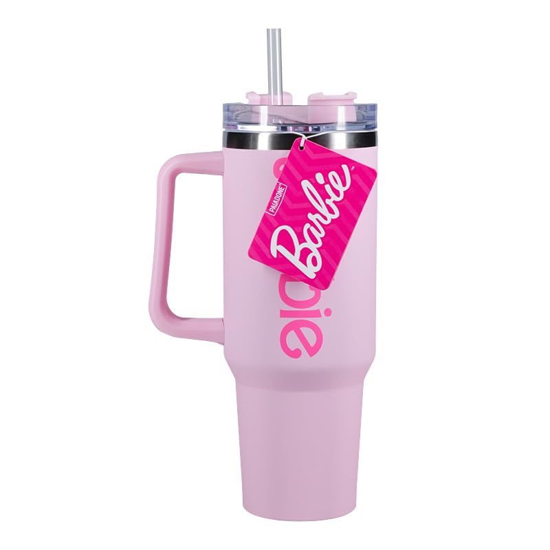 Paladone Barbie Pink Logo H2O Bottle - Insulated Stainless Steel Tumbler with Lid & Straw