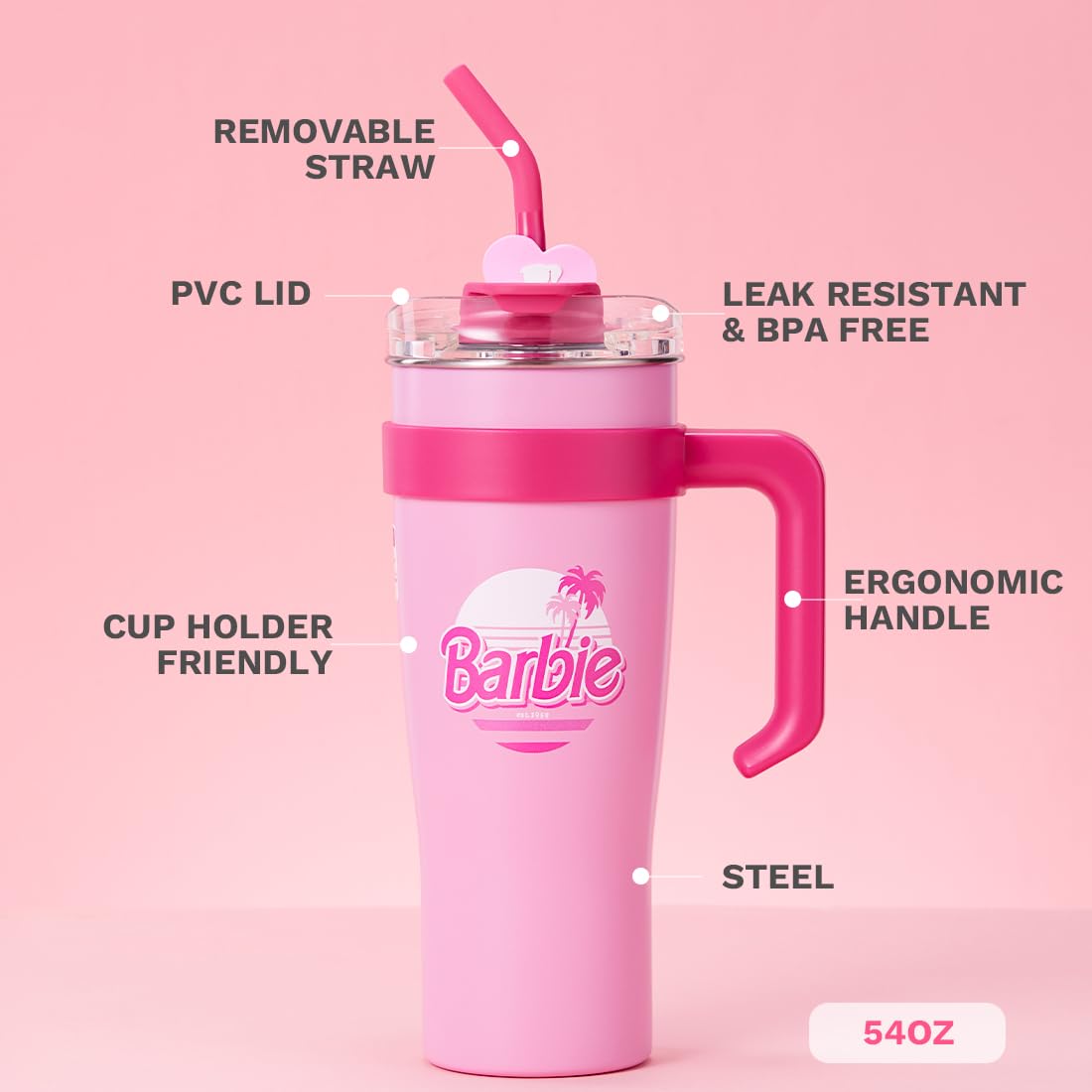 MINISO Barbie Stainless Steel Tumbler (1600mL) - Light Pink with Handle & Straw