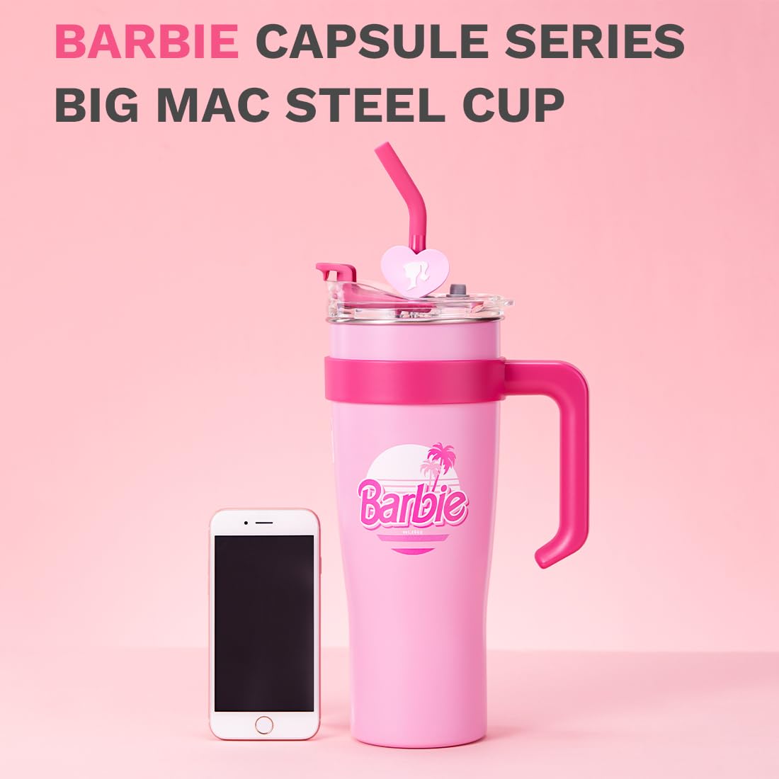 MINISO Barbie Stainless Steel Tumbler (1600mL) - Light Pink with Handle & Straw