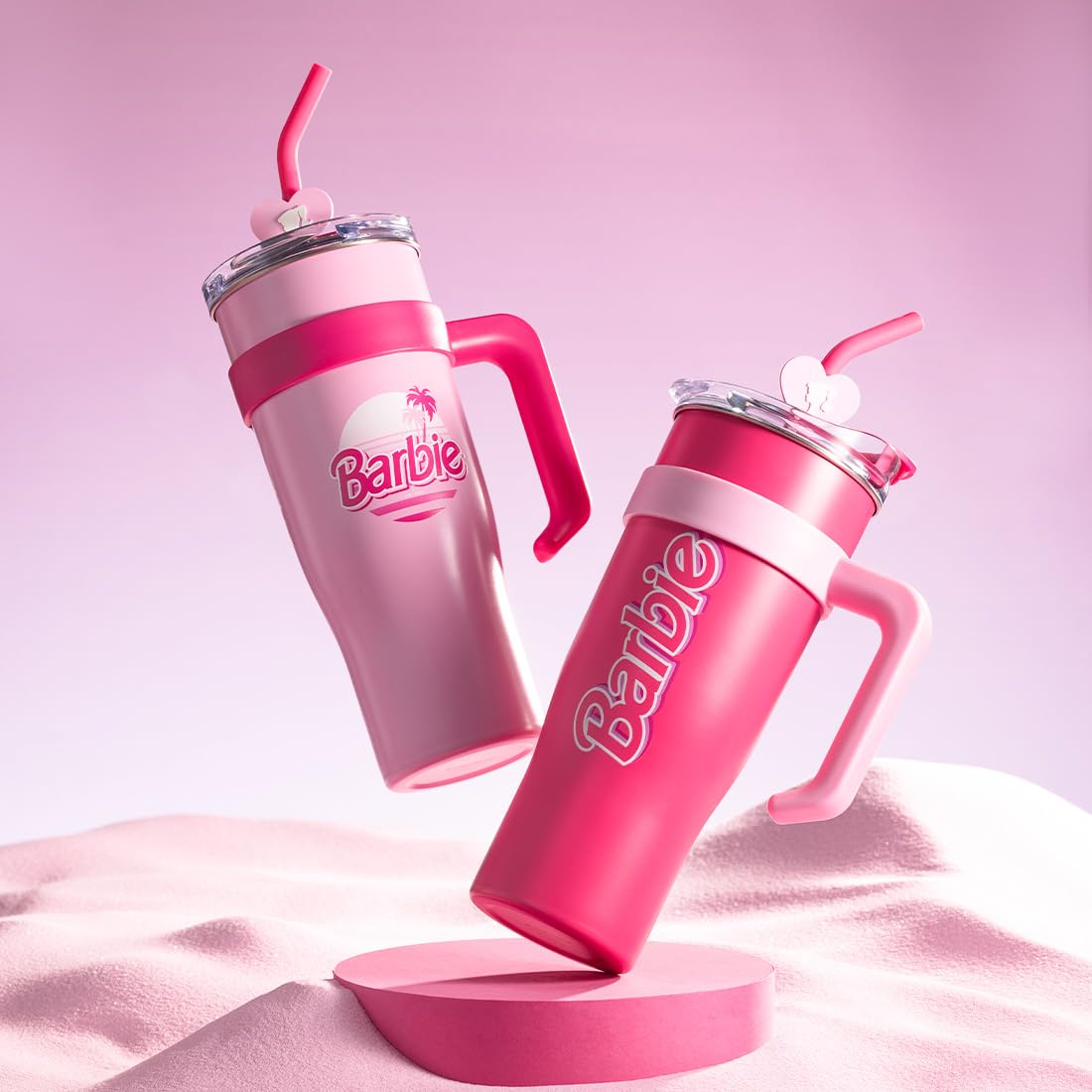 MINISO Barbie Stainless Steel Tumbler (1600mL) - Light Pink with Handle & Straw