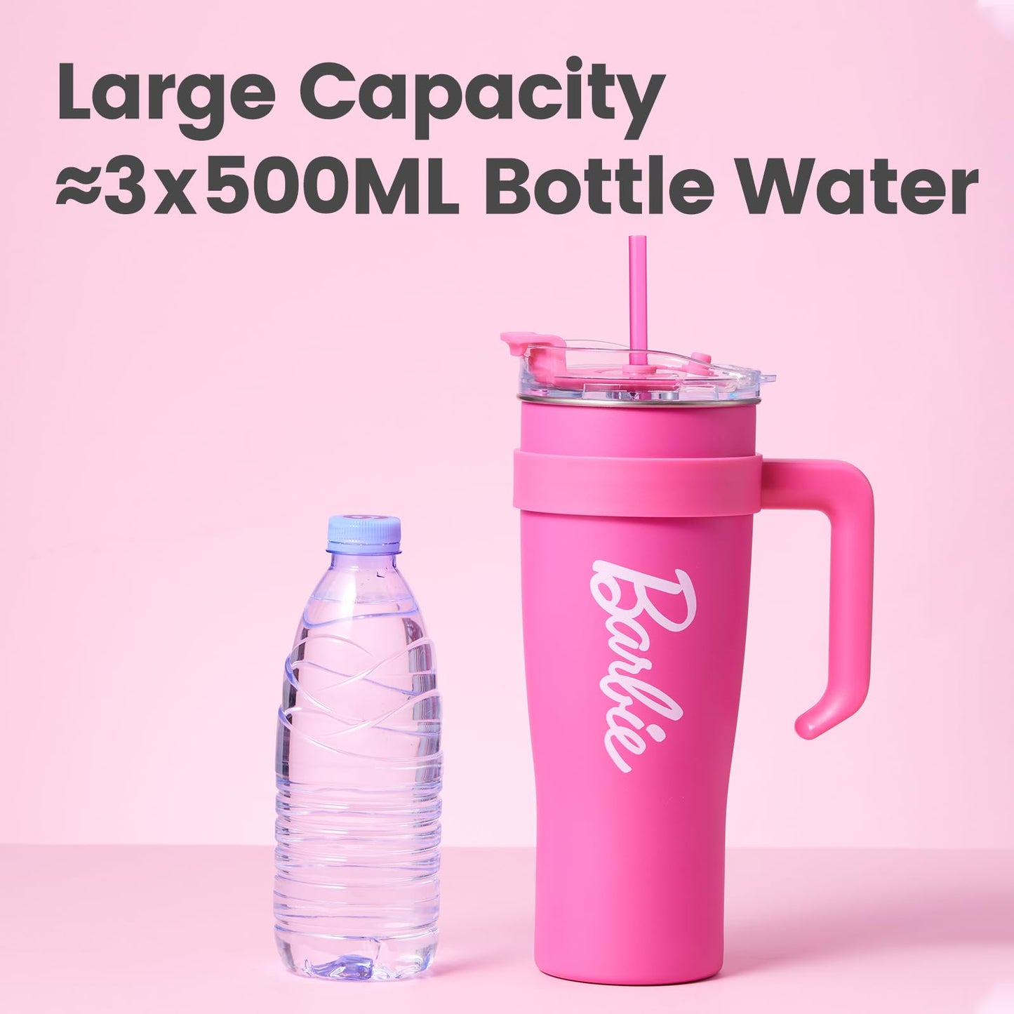 MINISO Barbie Steel Cup with Handle & Straw (1600mL) - Stylish & Sustainable Drinkware