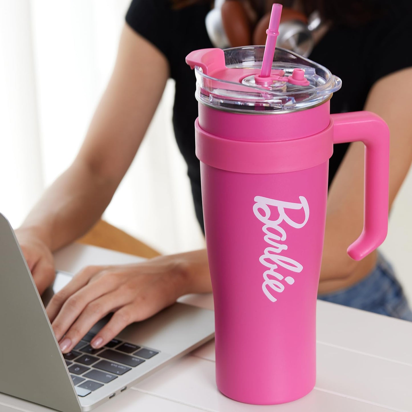 MINISO Barbie Steel Cup with Handle & Straw (1600mL) - Stylish & Sustainable Drinkware