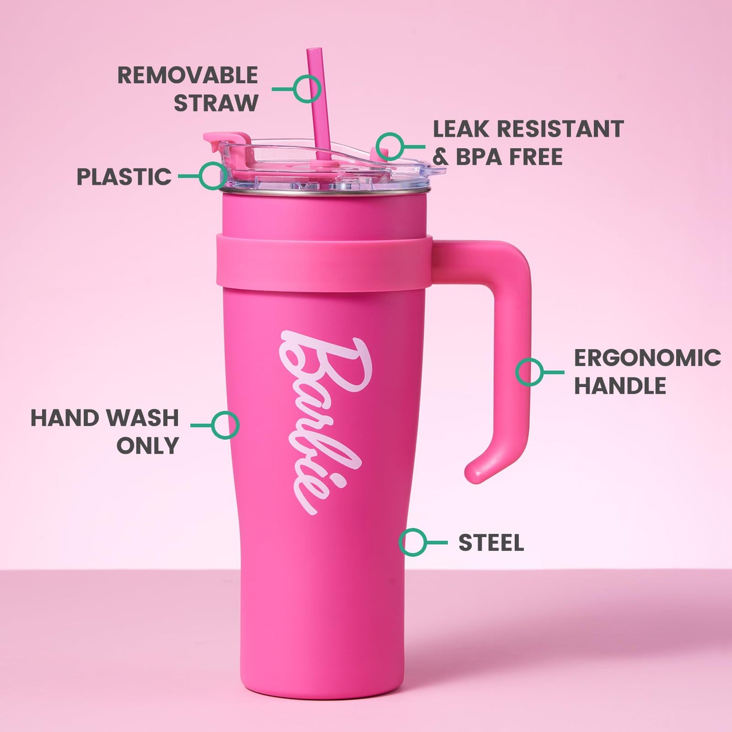 MINISO Barbie Steel Cup with Handle & Straw (1600mL) - Stylish & Sustainable Drinkware